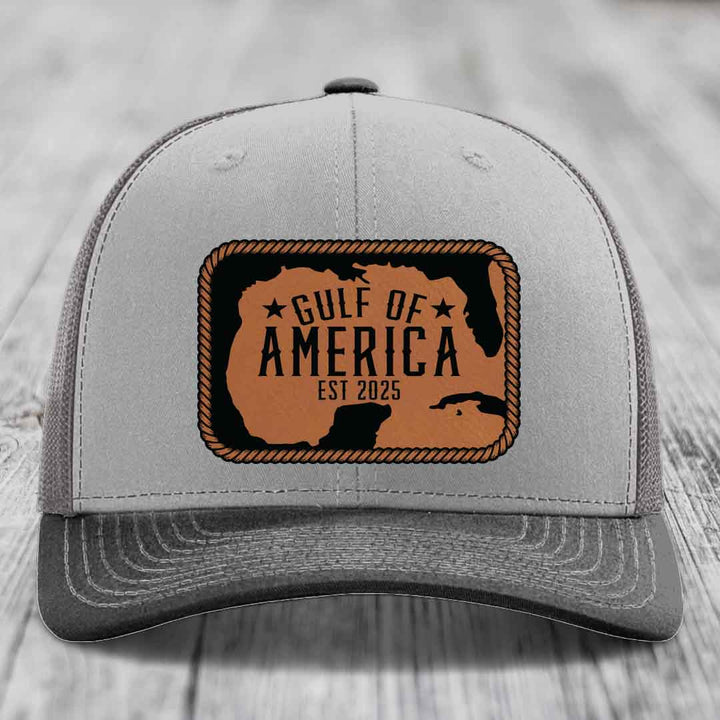 Gulf of America - Leather Patch Hat - Rawhide to Black Patch - Richardson 112 Snapback Trucker Hat