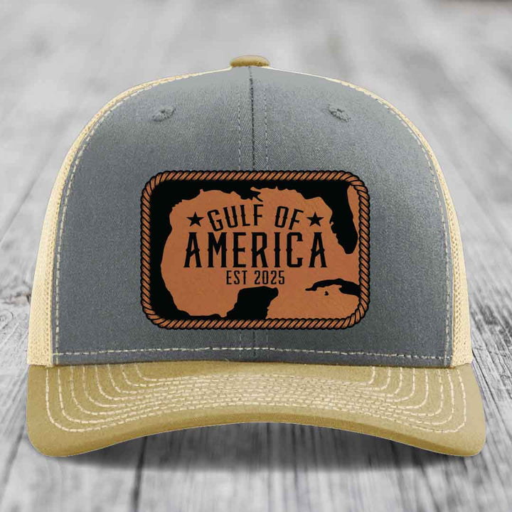Gulf of America - Leather Patch Hat - Rawhide to Black Patch - Richardson 112 Snapback Trucker Hat