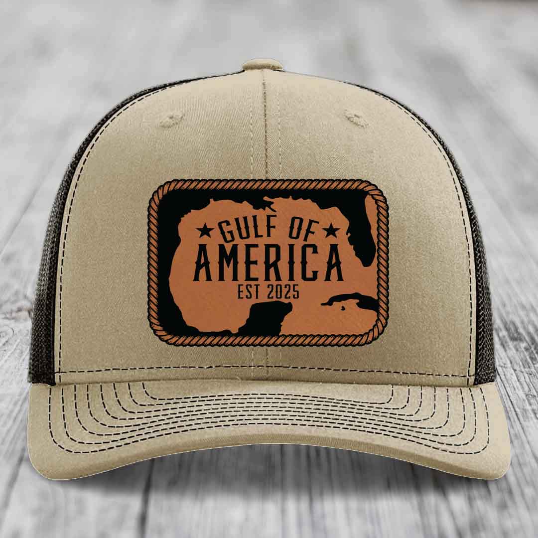 Gulf of America - Leather Patch Hat - Rawhide to Black Patch - Richardson 112 Snapback Trucker Hat