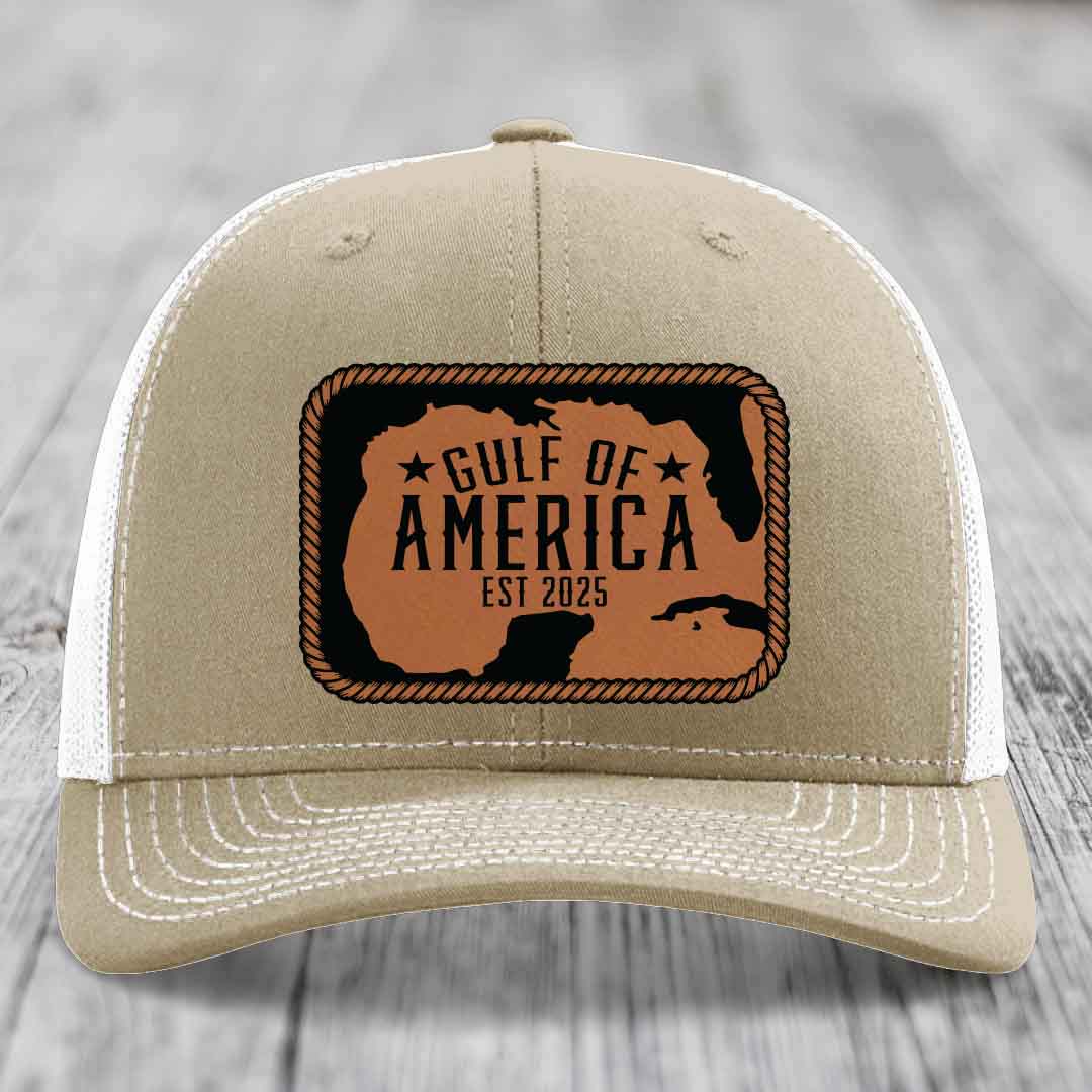 Gulf of America - Leather Patch Hat - Rawhide to Black Patch - Richardson 112 Snapback Trucker Hat