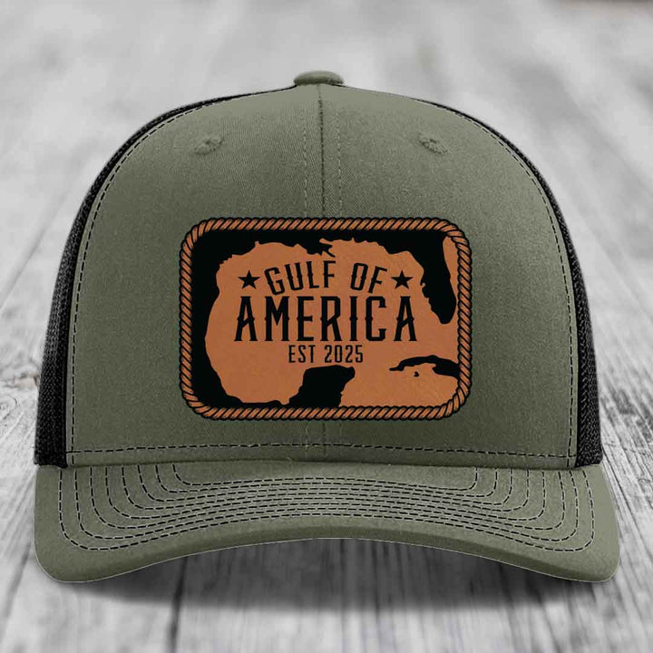 Gulf of America - Leather Patch Hat - Rawhide to Black Patch - Richardson 112 Snapback Trucker Hat