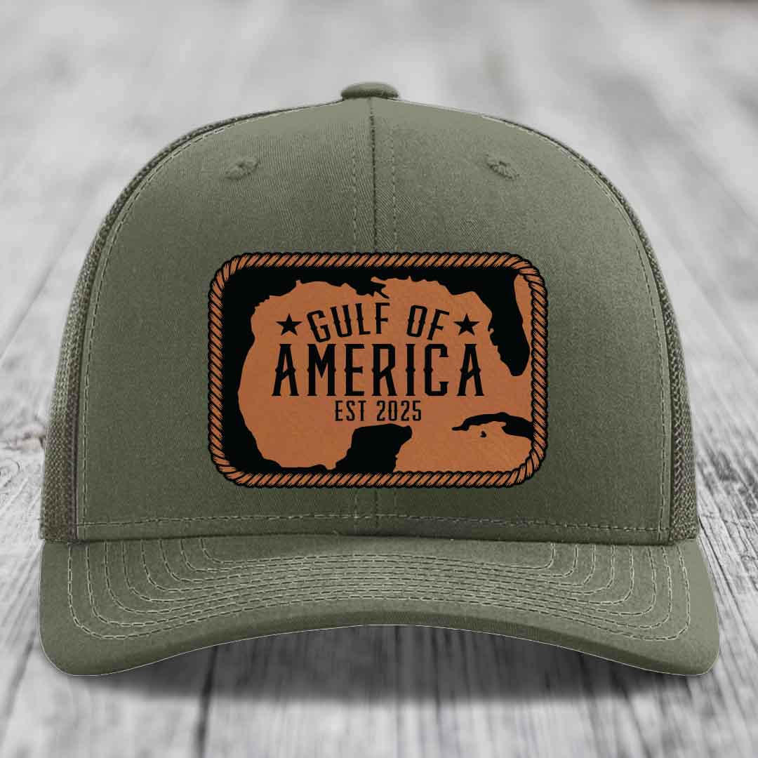 Gulf of America - Leather Patch Hat - Rawhide to Black Patch - Richardson 112 Snapback Trucker Hat