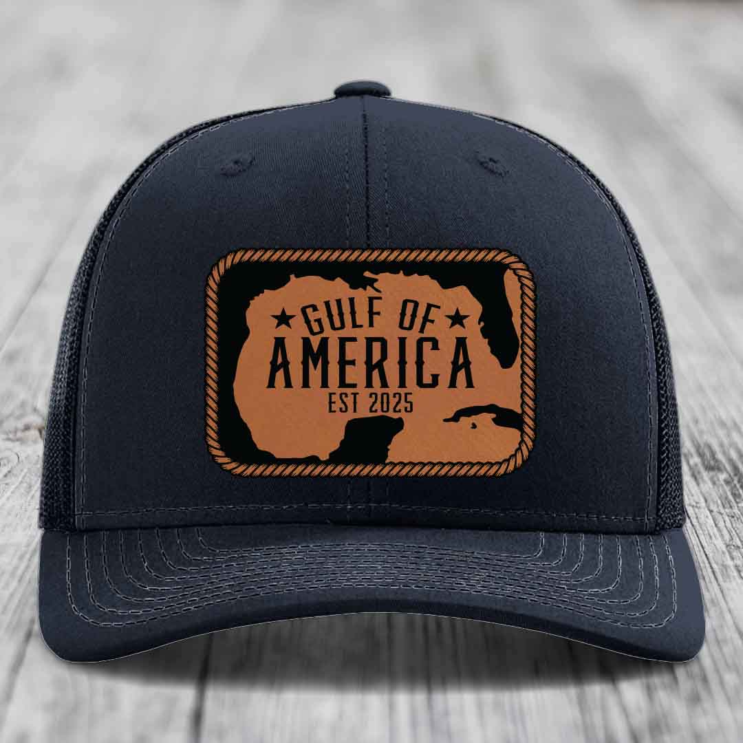 Gulf of America - Leather Patch Hat - Rawhide to Black Patch - Richardson 112 Snapback Trucker Hat
