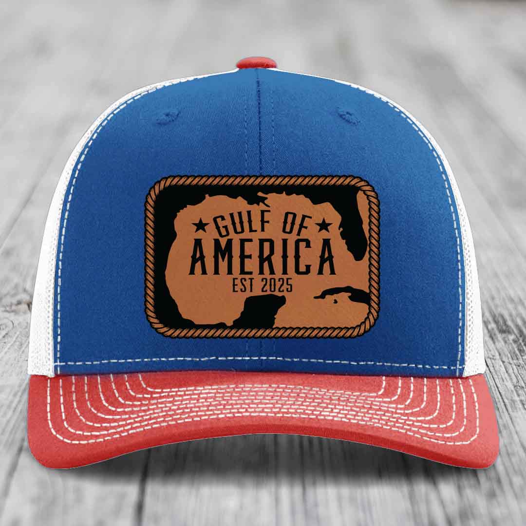Gulf of America - Leather Patch Hat - Rawhide to Black Patch - Richardson 112 Snapback Trucker Hat