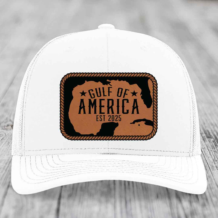 Gulf of America - Leather Patch Hat - Rawhide to Black Patch - Richardson 112 Snapback Trucker Hat