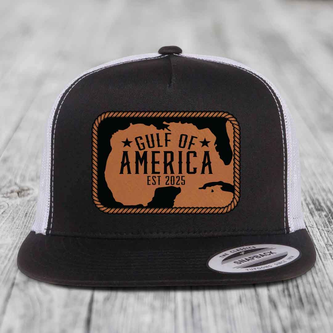 Gulf of America - Leather Patch Hat - Rawhide to Black Patch - Yupoong 6006 Snapback Flatbill Hat