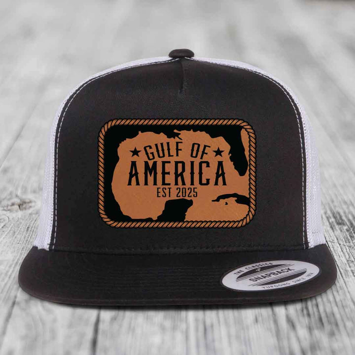 Gulf of America - Leather Patch Hat - Rawhide to Black Patch - Yupoong 6006 Snapback Flatbill Hat