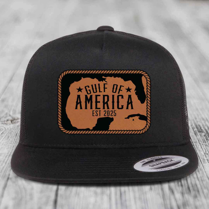 Gulf of America - Leather Patch Hat - Rawhide to Black Patch - Yupoong 6006 Snapback Flatbill Hat