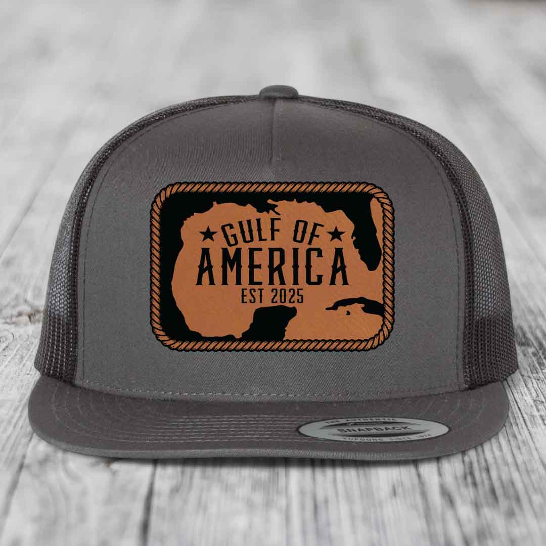 Gulf of America - Leather Patch Hat - Rawhide to Black Patch - Yupoong 6006 Snapback Flatbill Hat