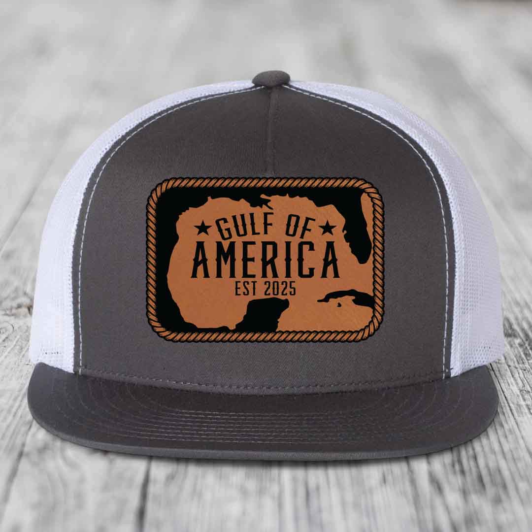 Gulf of America - Leather Patch Hat - Rawhide to Black Patch - Yupoong 6006 Snapback Flatbill Hat