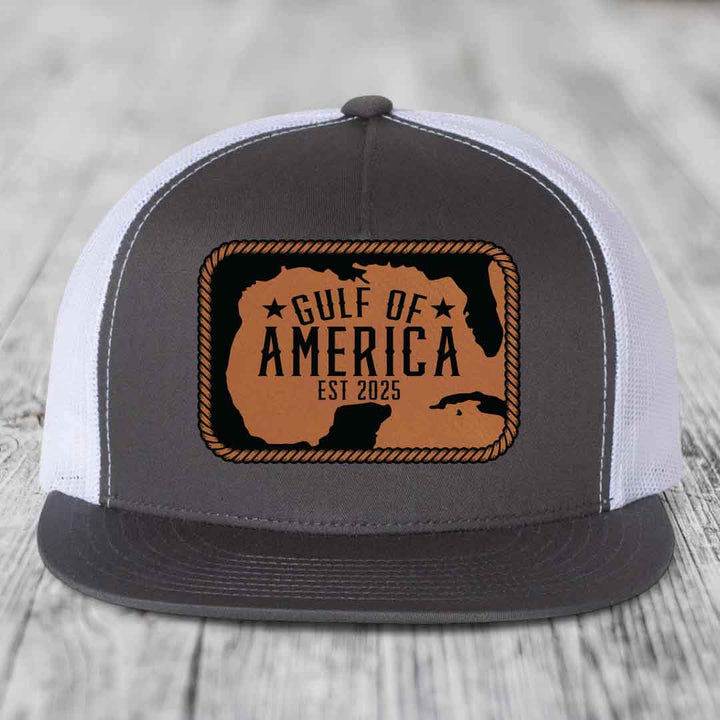 Gulf of America - Leather Patch Hat - Rawhide to Black Patch - Yupoong 6006 Snapback Flatbill Hat