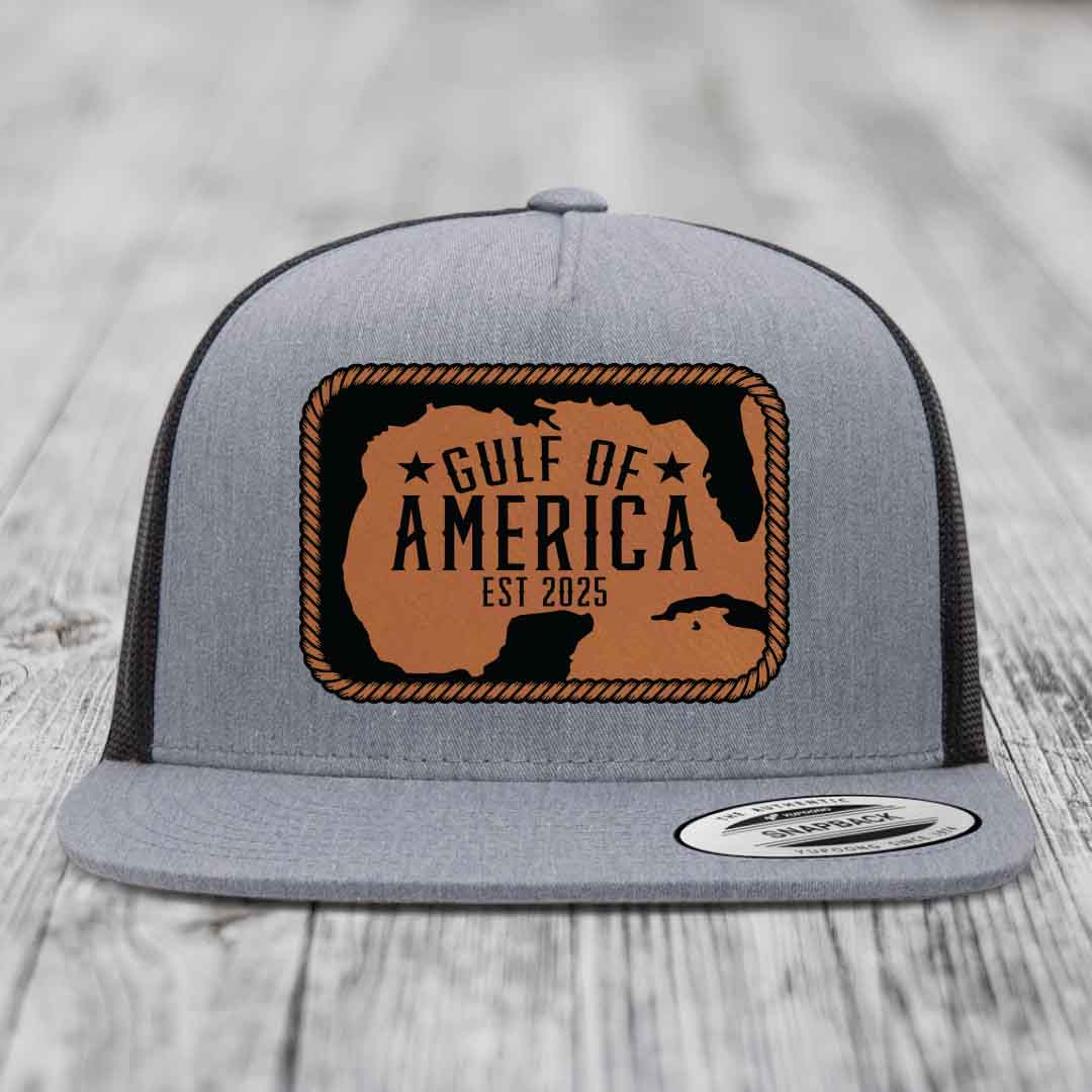 Gulf of America - Leather Patch Hat - Rawhide to Black Patch - Yupoong 6006 Snapback Flatbill Hat