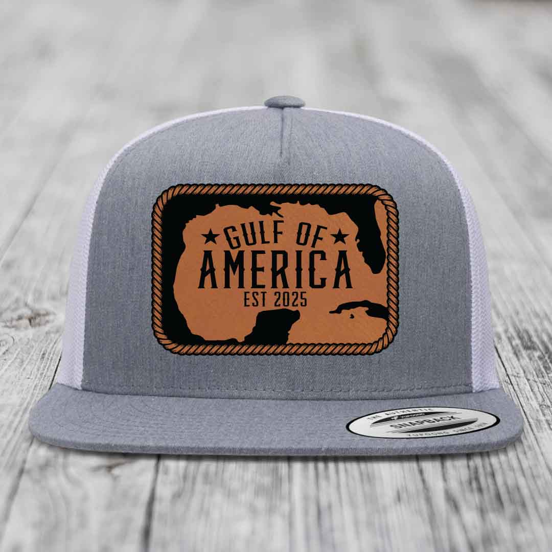 Gulf of America - Leather Patch Hat - Rawhide to Black Patch - Yupoong 6006 Snapback Flatbill Hat