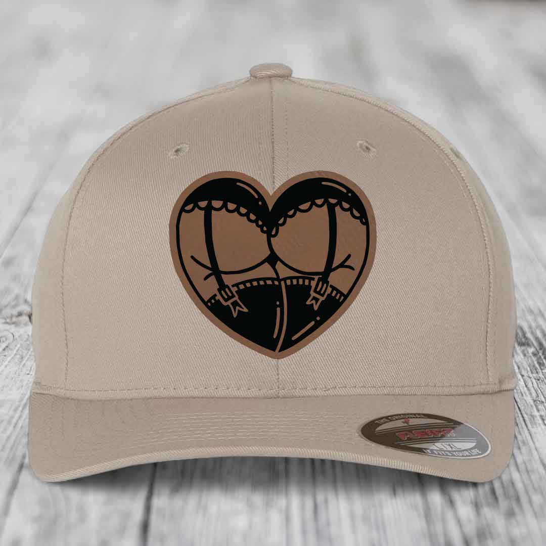 Heart Shaped Ass (Garter Belt) - Leather Patch Hat - Dark Brown to Black Patch - Flexfit 6277 Fitted Hat