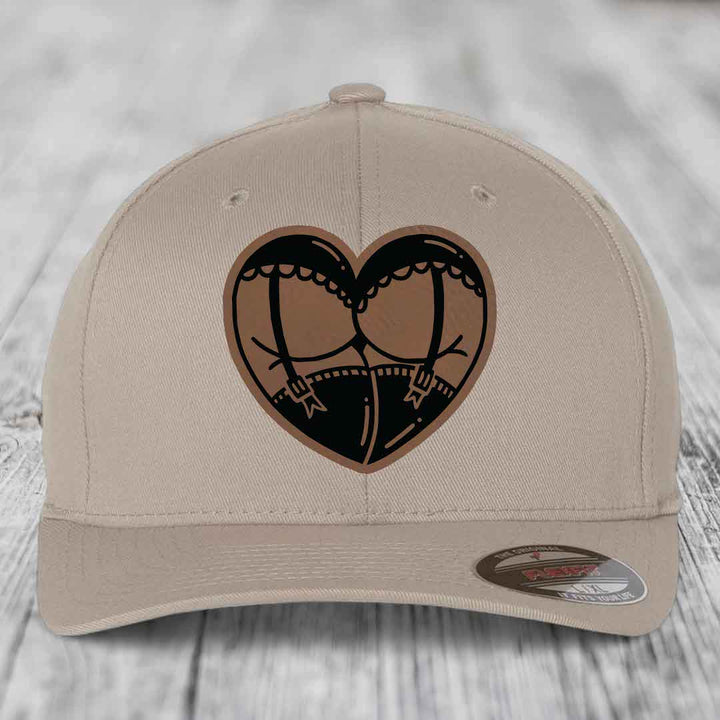 Heart Shaped Ass (Garter Belt) - Leather Patch Hat - Dark Brown to Black Patch - Flexfit 6277 Fitted Hat