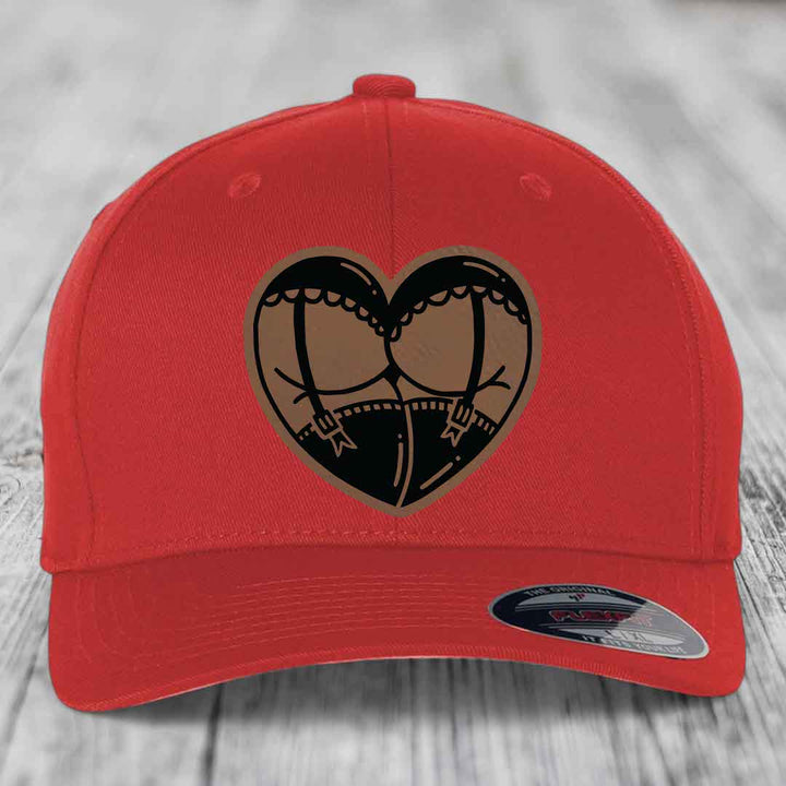 Heart Shaped Ass (Garter Belt) - Leather Patch Hat - Dark Brown to Black Patch - Flexfit 6277 Fitted Hat