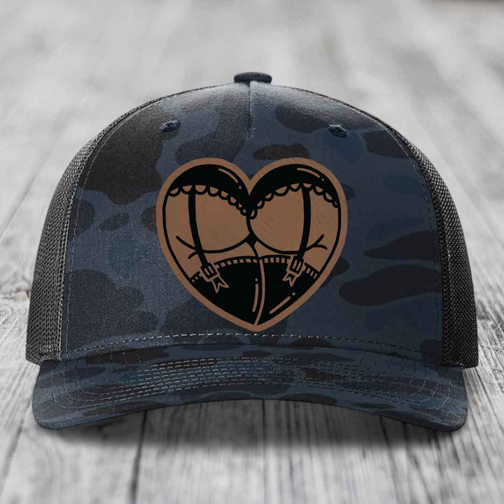 Heart Shaped Ass (Garter Belt) - Leather Patch Hat - Dark Brown to Black Patch - Richardson 112PFP Snapback Trucker Hat