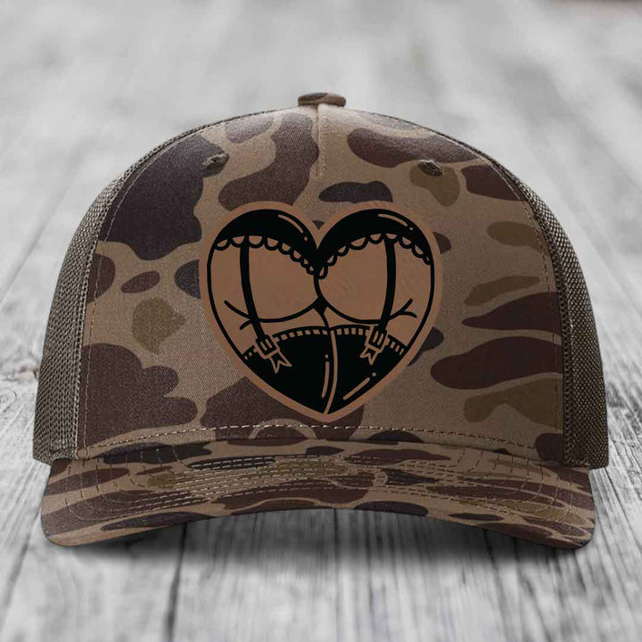 Heart Shaped Ass (Garter Belt) - Leather Patch Hat - Dark Brown to Black Patch - Richardson 112PFP Snapback Trucker Hat