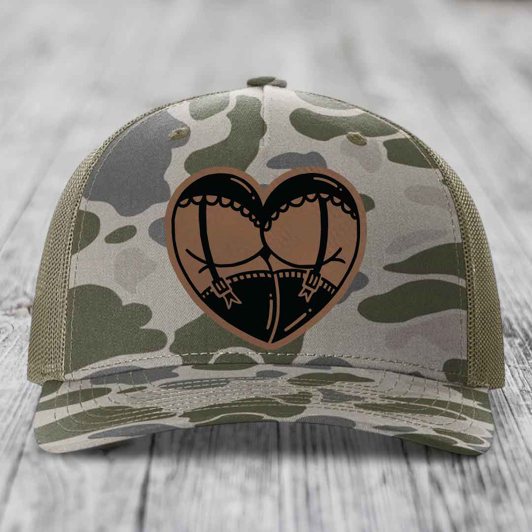 Heart Shaped Ass (Garter Belt) - Leather Patch Hat - Dark Brown to Black Patch - Richardson 112PFP Snapback Trucker Hat