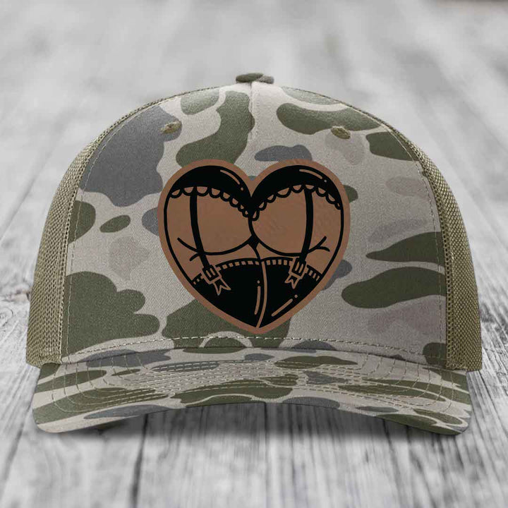 Heart Shaped Ass (Garter Belt) - Leather Patch Hat - Dark Brown to Black Patch - Richardson 112PFP Snapback Trucker Hat