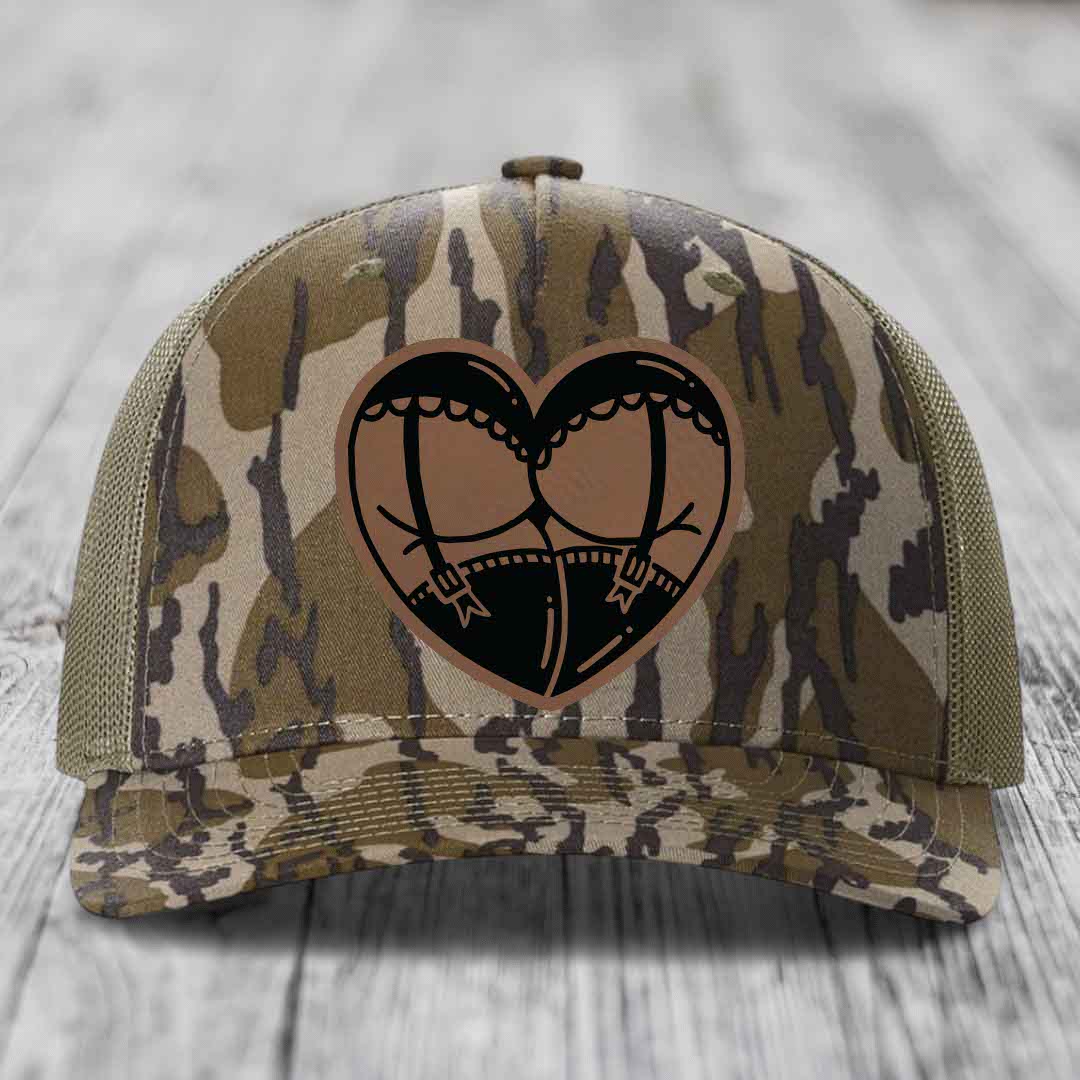 Heart Shaped Ass (Garter Belt) - Leather Patch Hat - Dark Brown to Black Patch - Richardson 112PFP Snapback Trucker Hat