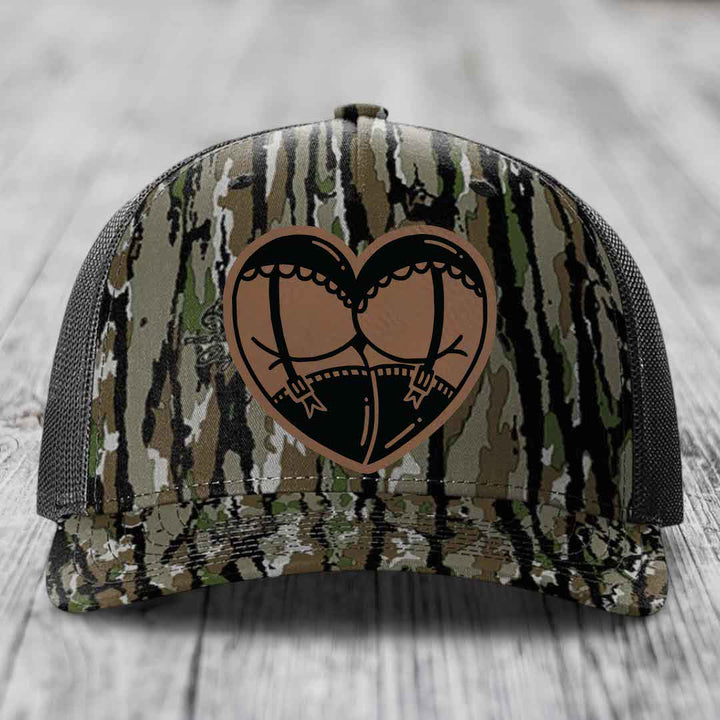 Heart Shaped Ass (Garter Belt) - Leather Patch Hat - Dark Brown to Black Patch - Richardson 112PFP Snapback Trucker Hat