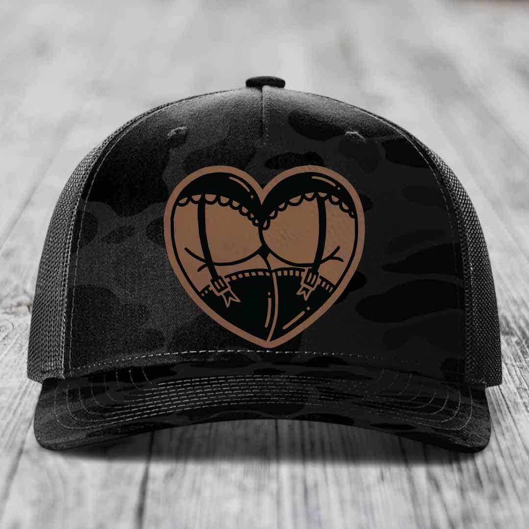 Heart Shaped Ass (Garter Belt) - Leather Patch Hat - Dark Brown to Black Patch - Richardson 112PFP Snapback Trucker Hat