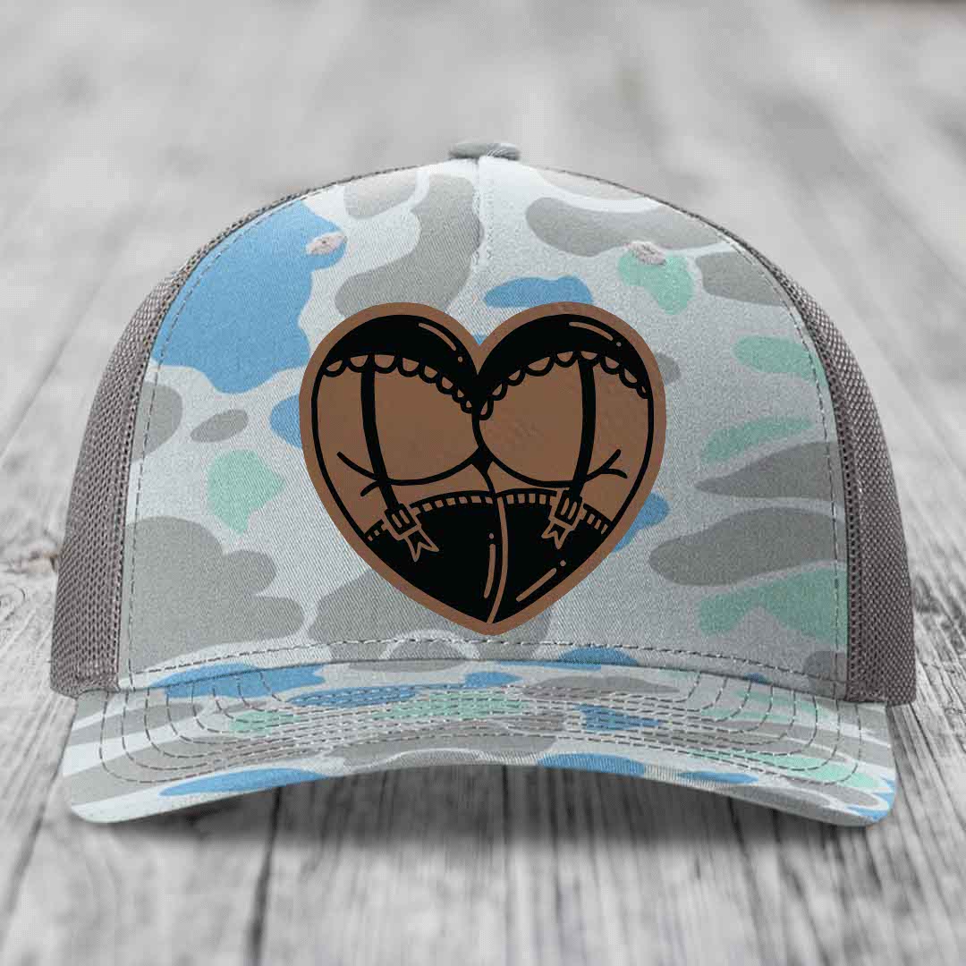 Heart Shaped Ass (Garter Belt) - Leather Patch Hat - Dark Brown to Black Patch - Richardson 112PFP Snapback Trucker Hat