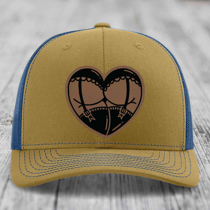 Heart Shaped Ass (Garter Belt) - Leather Patch Hat - Dark Brown to Black Patch - Richardson 112 Snapback Trucker Hat