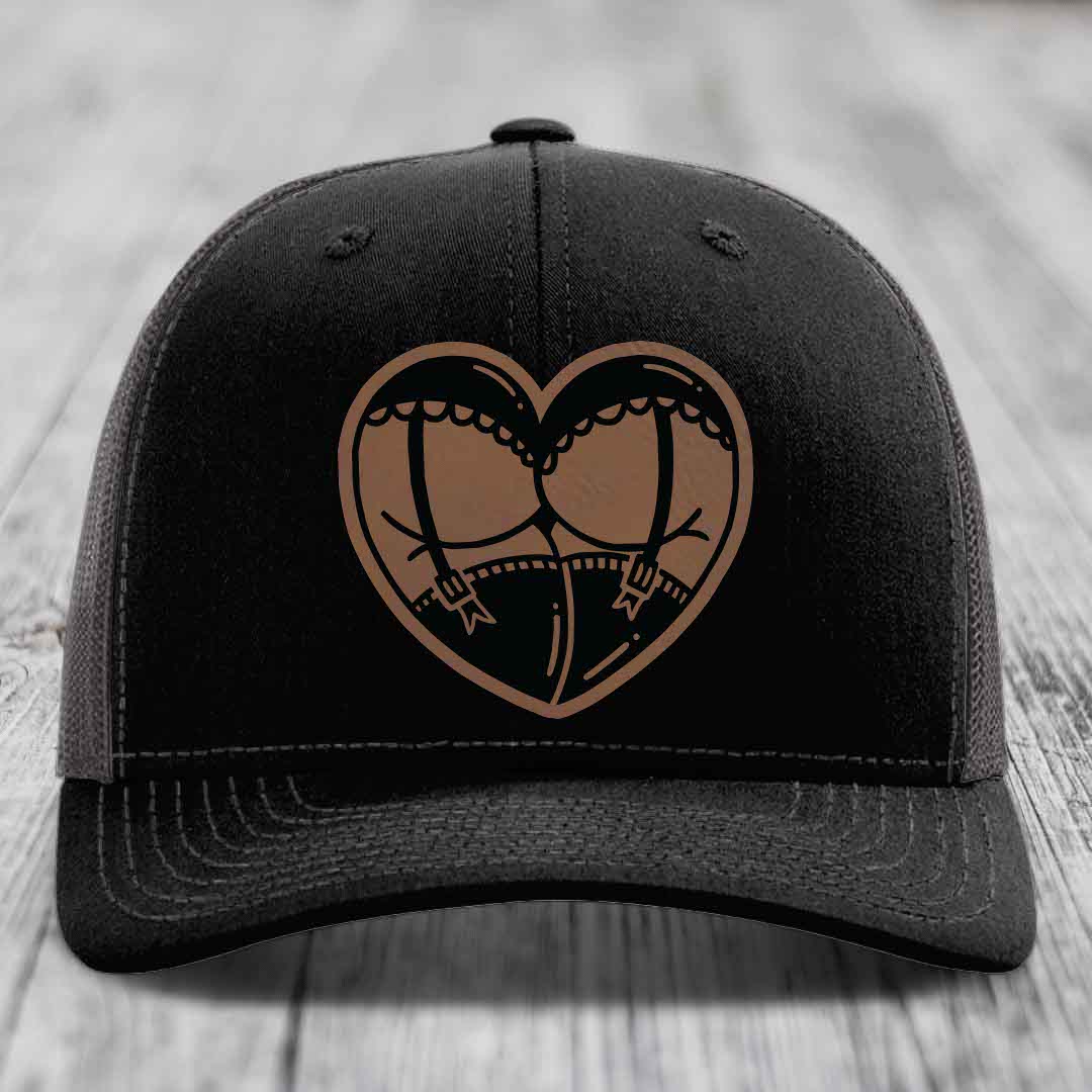 Heart Shaped Ass (Garter Belt) - Leather Patch Hat - Dark Brown to Black Patch - Richardson 112 Snapback Trucker Hat