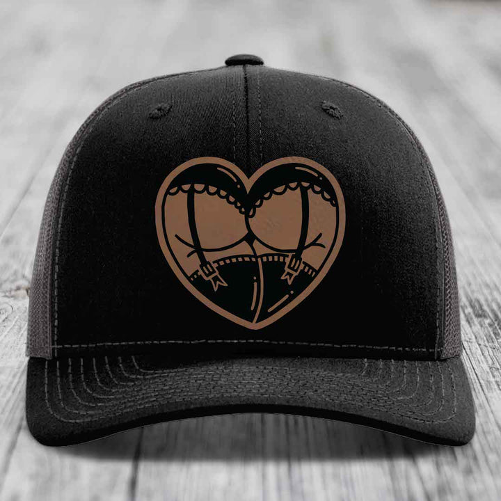 Heart Shaped Ass (Garter Belt) - Leather Patch Hat - Dark Brown to Black Patch - Richardson 112 Snapback Trucker Hat