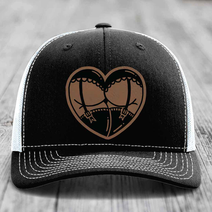 Heart Shaped Ass (Garter Belt) - Leather Patch Hat - Dark Brown to Black Patch - Richardson 112 Snapback Trucker Hat