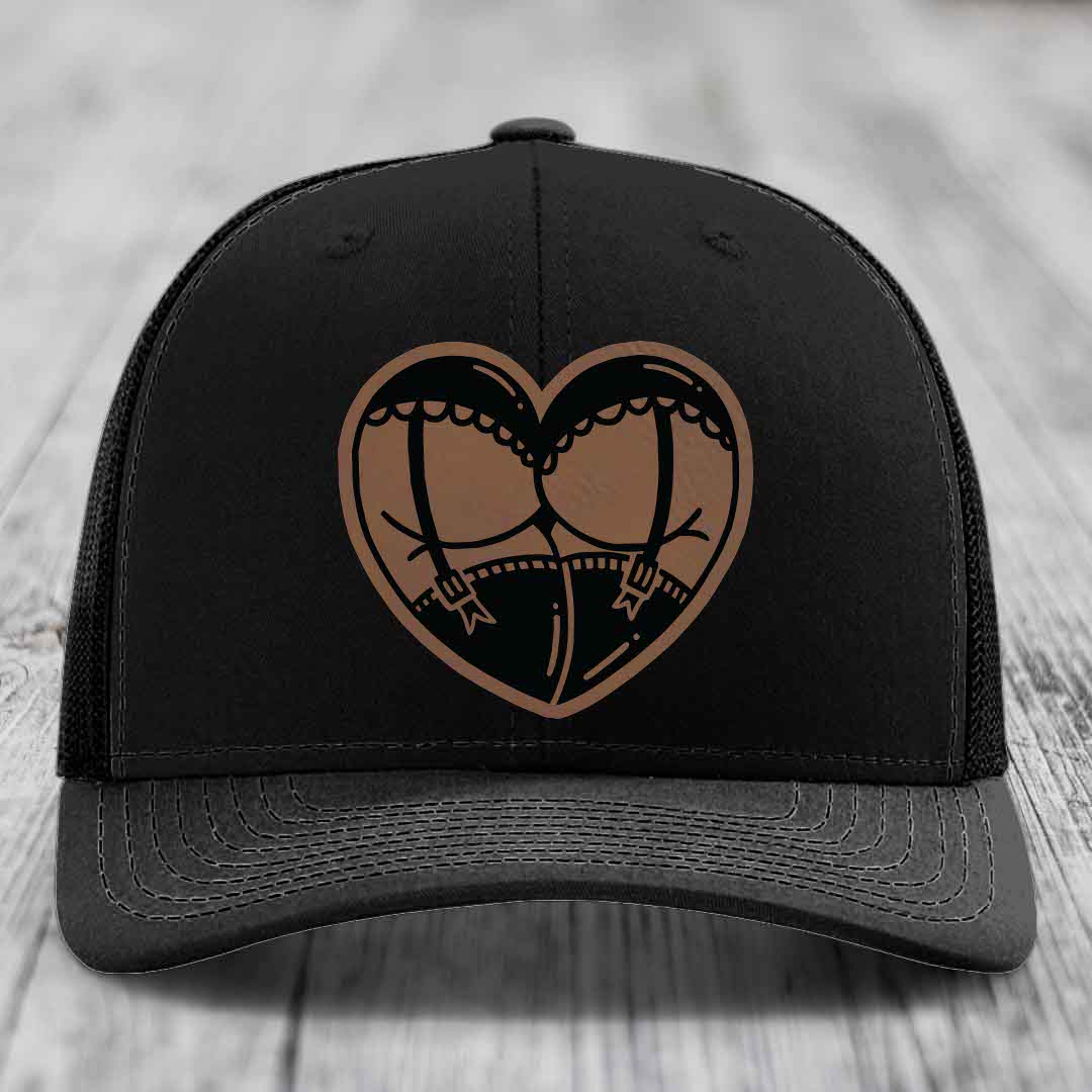Heart Shaped Ass (Garter Belt) - Leather Patch Hat - Dark Brown to Black Patch - Richardson 112 Snapback Trucker Hat
