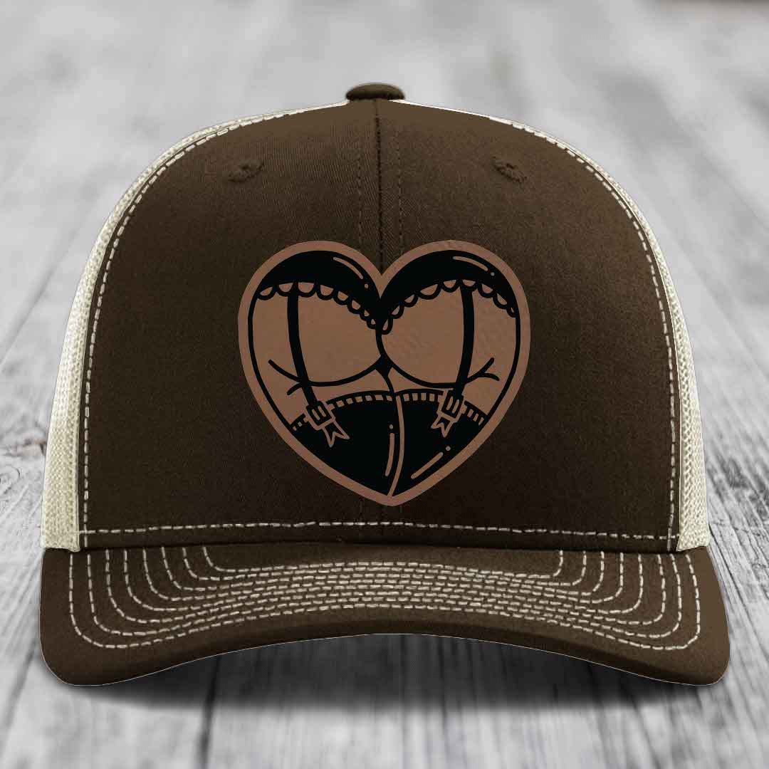 Heart Shaped Ass (Garter Belt) - Leather Patch Hat - Dark Brown to Black Patch - Richardson 112 Snapback Trucker Hat