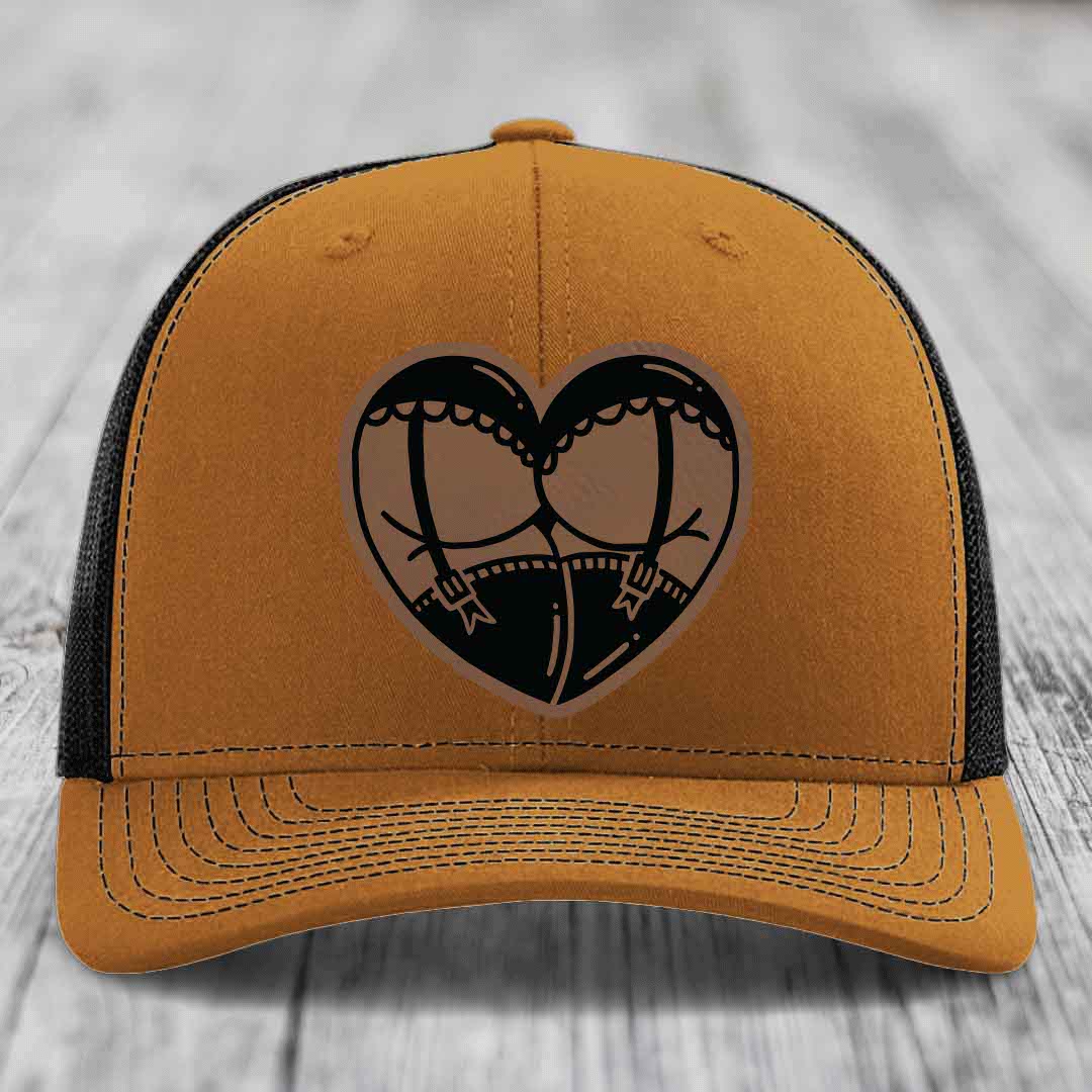 Heart Shaped Ass (Garter Belt) - Leather Patch Hat - Dark Brown to Black Patch - Richardson 112 Snapback Trucker Hat