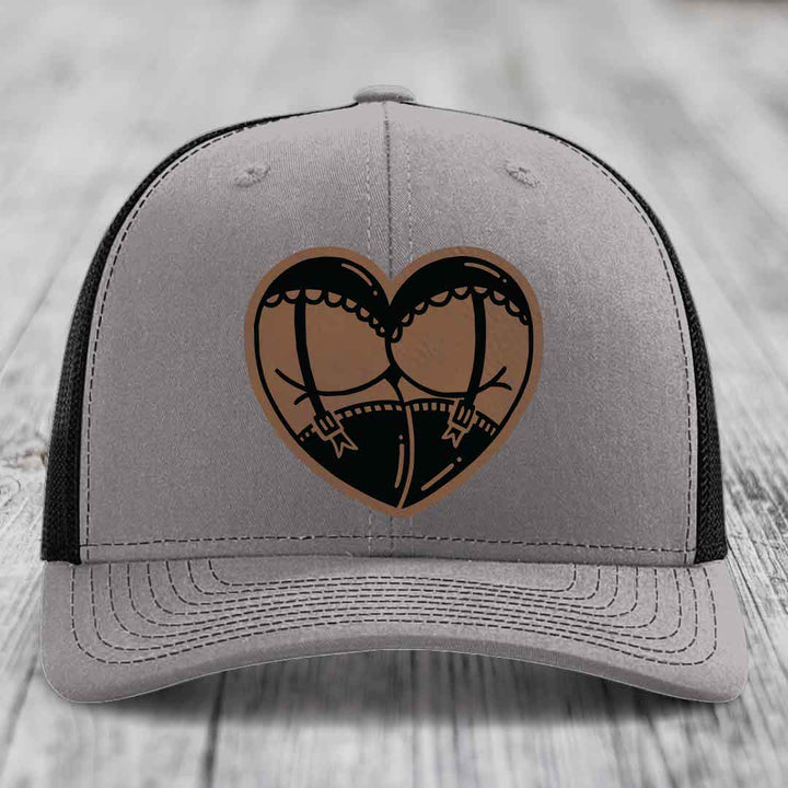 Heart Shaped Ass (Garter Belt) - Leather Patch Hat - Dark Brown to Black Patch - Richardson 112 Snapback Trucker Hat