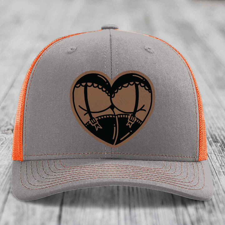 Heart Shaped Ass (Garter Belt) - Leather Patch Hat - Dark Brown to Black Patch - Richardson 112 Snapback Trucker Hat