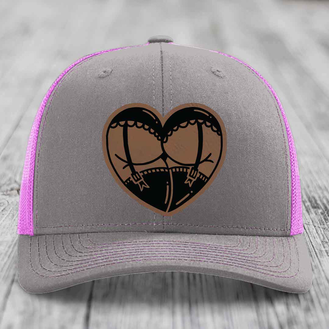 Heart Shaped Ass (Garter Belt) - Leather Patch Hat - Dark Brown to Black Patch - Richardson 112 Snapback Trucker Hat