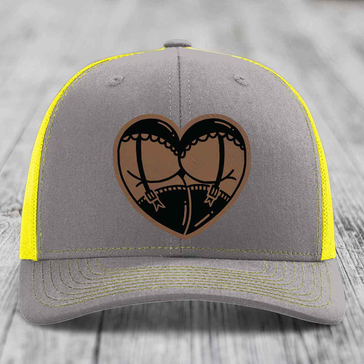 Heart Shaped Ass (Garter Belt) - Leather Patch Hat - Dark Brown to Black Patch - Richardson 112 Snapback Trucker Hat