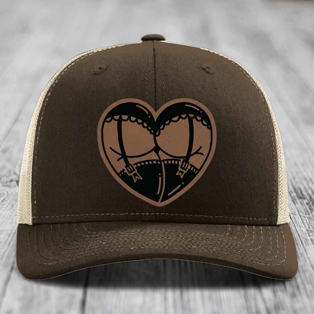 Heart Shaped Ass (Garter Belt) - Leather Patch Hat - Dark Brown to Black Patch - Richardson 112 Snapback Trucker Hat