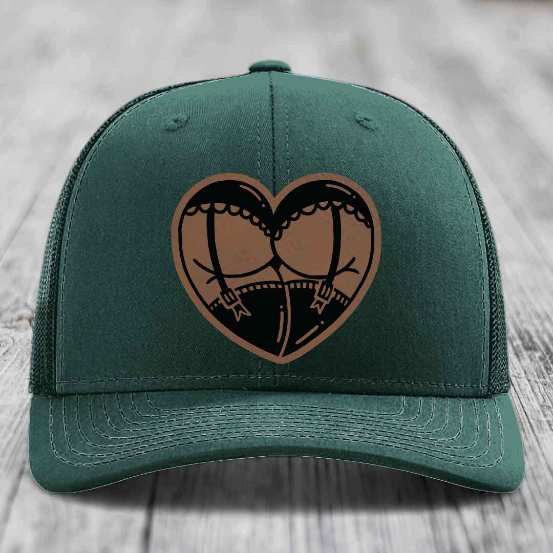 Heart Shaped Ass (Garter Belt) - Leather Patch Hat - Dark Brown to Black Patch - Richardson 112 Snapback Trucker Hat