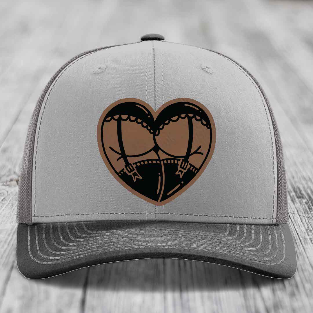 Heart Shaped Ass (Garter Belt) - Leather Patch Hat - Dark Brown to Black Patch - Richardson 112 Snapback Trucker Hat