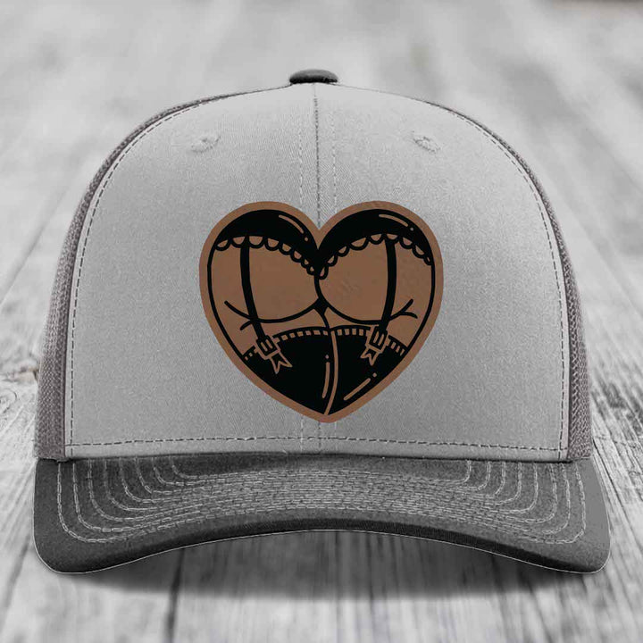 Heart Shaped Ass (Garter Belt) - Leather Patch Hat - Dark Brown to Black Patch - Richardson 112 Snapback Trucker Hat