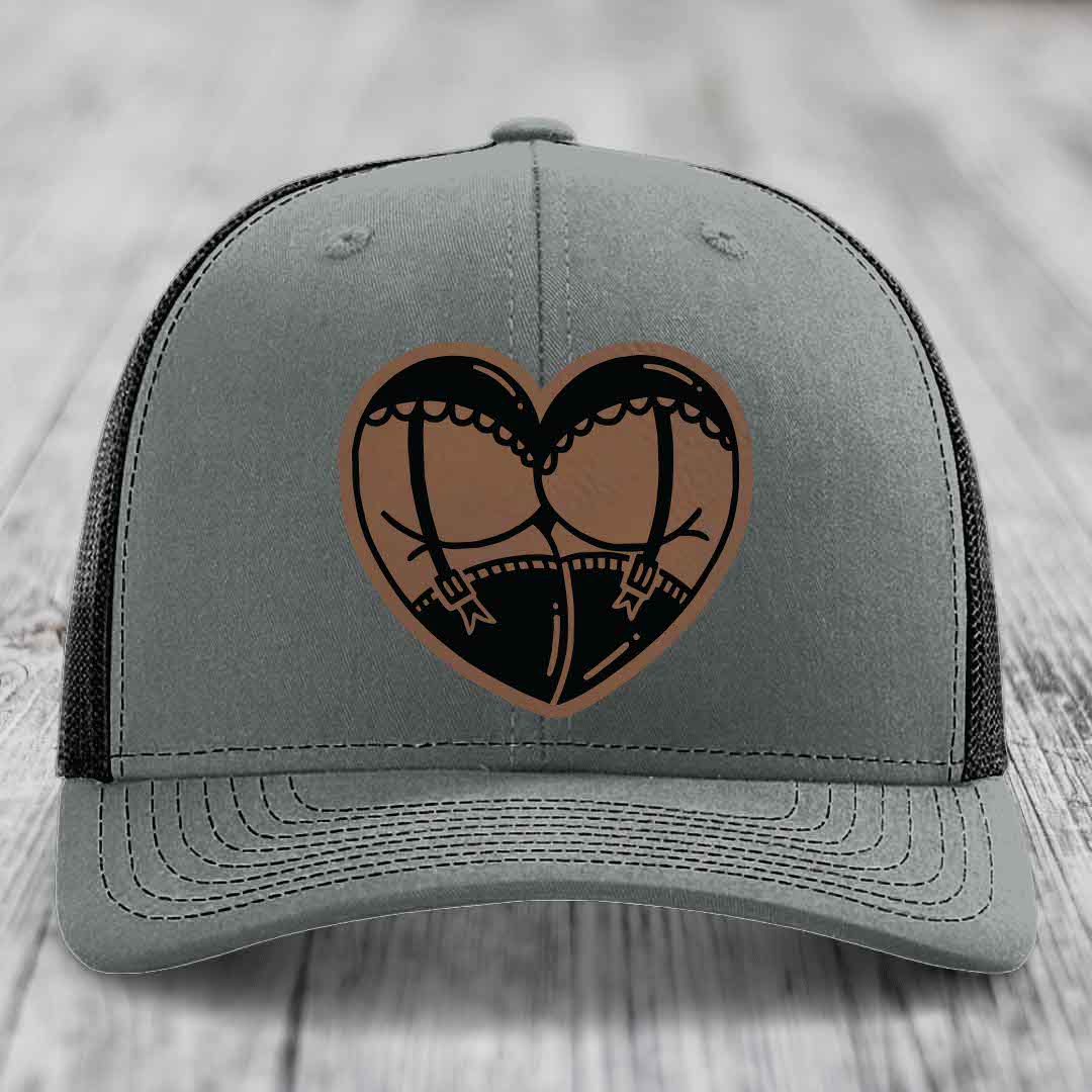 Heart Shaped Ass (Garter Belt) - Leather Patch Hat - Dark Brown to Black Patch - Richardson 112 Snapback Trucker Hat