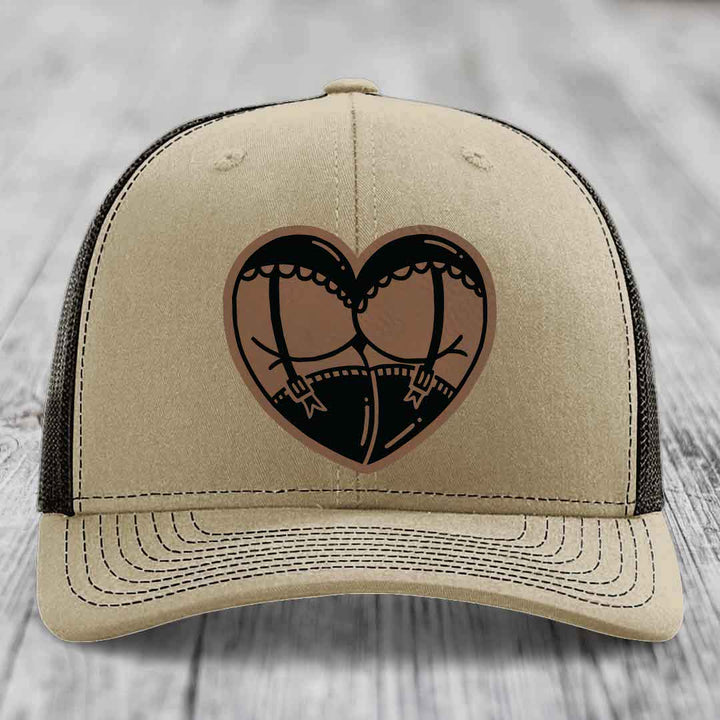 Heart Shaped Ass (Garter Belt) - Leather Patch Hat - Dark Brown to Black Patch - Richardson 112 Snapback Trucker Hat