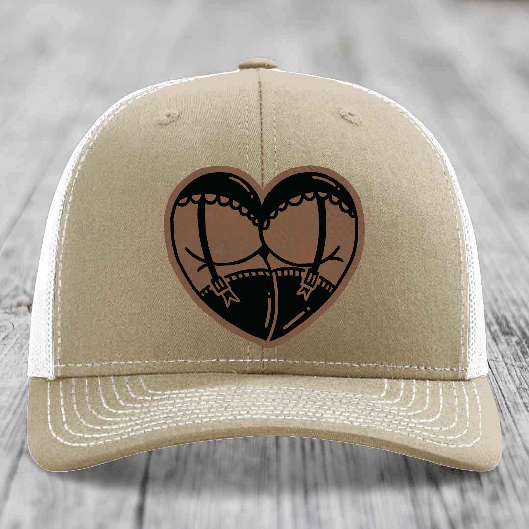 Heart Shaped Ass (Garter Belt) - Leather Patch Hat - Dark Brown to Black Patch - Richardson 112 Snapback Trucker Hat