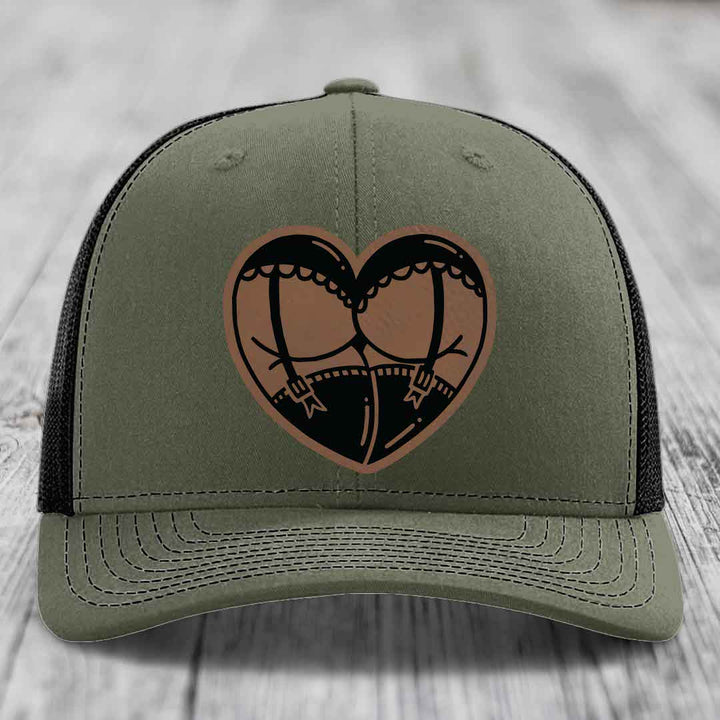 Heart Shaped Ass (Garter Belt) - Leather Patch Hat - Dark Brown to Black Patch - Richardson 112 Snapback Trucker Hat