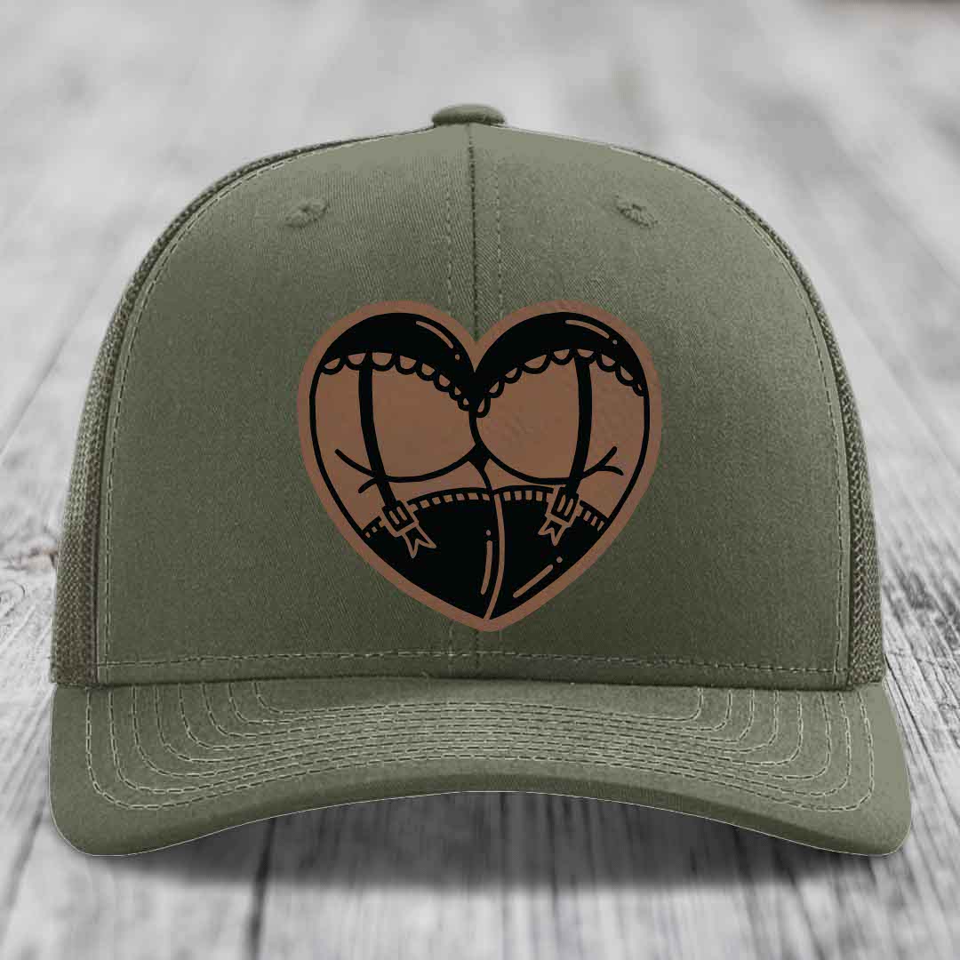 Heart Shaped Ass (Garter Belt) - Leather Patch Hat - Dark Brown to Black Patch - Richardson 112 Snapback Trucker Hat