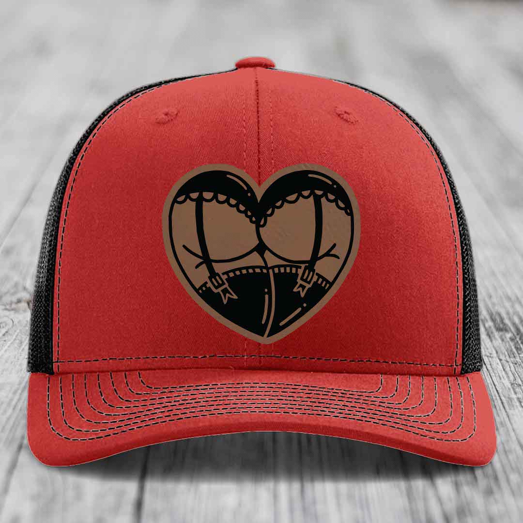 Heart Shaped Ass (Garter Belt) - Leather Patch Hat - Dark Brown to Black Patch - Richardson 112 Snapback Trucker Hat