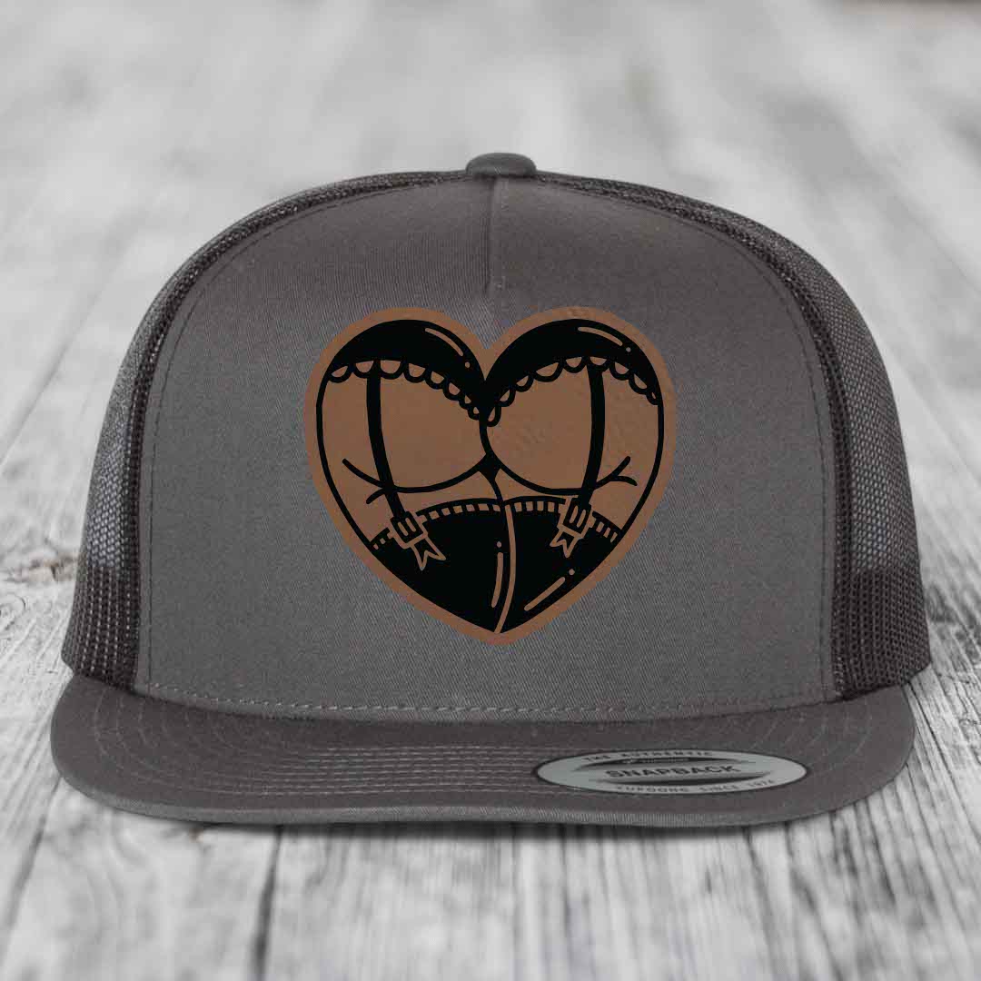 Heart Shaped Ass (Garter Belt) - Leather Patch Hat - Dark Brown to Black Patch - Yupoong 6006 Snapback Flatbill Hat